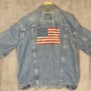 Levis Type III Trucker Jacket Men L Blue Relaxed American Flag Print Western Y2K